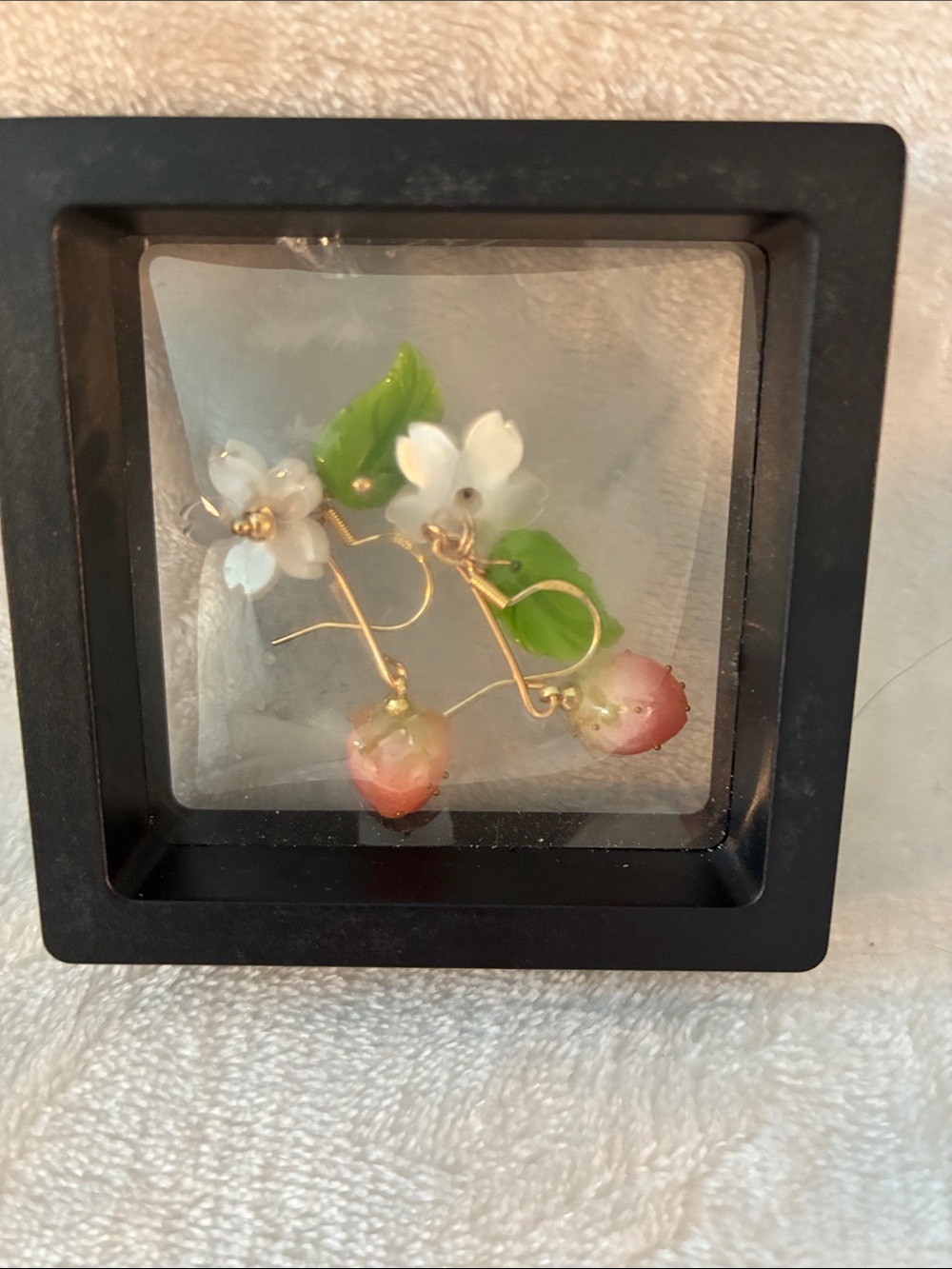 Pink Cherry Blossom Drop Earrings with Green Leaves - Picture 2 of 2
